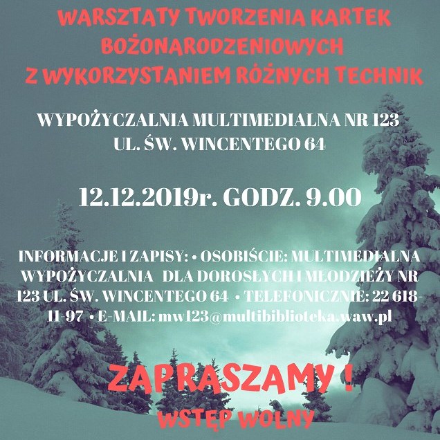 zaproszenie na Warsztaty tworzenia kartek bożonarodzeniowych w MW123