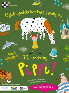 Plakat promujący konkurs familijny z okazji 75. urodzin Pippi. Szczegóły na www.jungoffska.pl