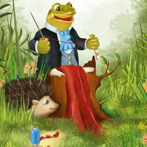 obrazek przedstawia okładkę książki Natalii Drozdowicz "Historia Żana Żabula"; widnieje na nim uśmiechnięta żaba trzymająca igłę i nitkę; przed nią na pniu drzewa leży materiał; obok żaby stoi uśmiechnięty jeż; dookoła żaby i jeża trawa i drzewa