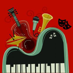 Pianino i inne instrumenty muzyczne oraz maski weneckie