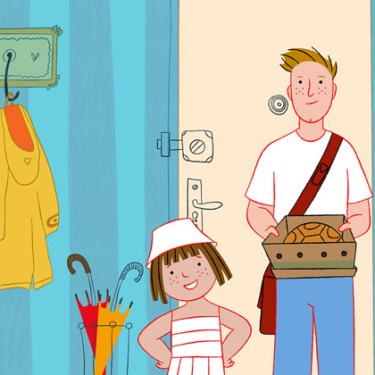 Basia, uśmiechnięta 5-latka w kapeluszu wchodzi do domu z tatą. W tle widać korytarz, kurtki, parasole i drzwi.