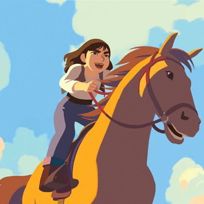 Kadr z filmu: bohaterka Martha Jane, ciemnowłosa nieustraszona dwunastolatka, galopuje na koniu, w tle widać błękitne niebo.