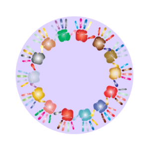 okrąg ułożony z kolorowych dłoni