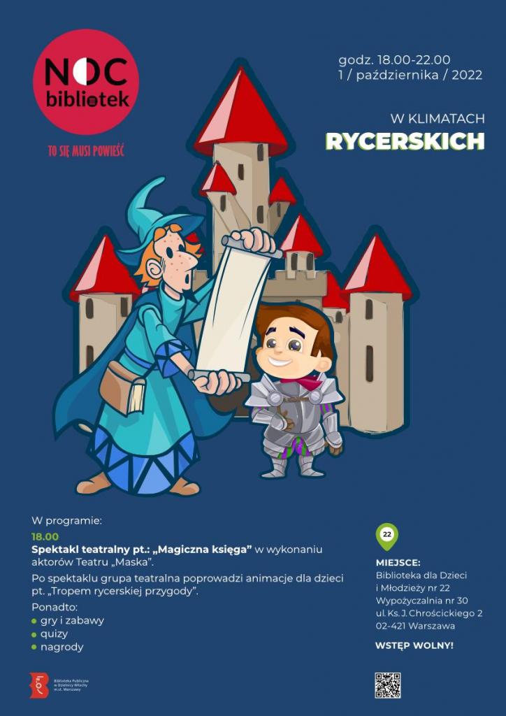 Granatowy plakat z bajkową ilustracją