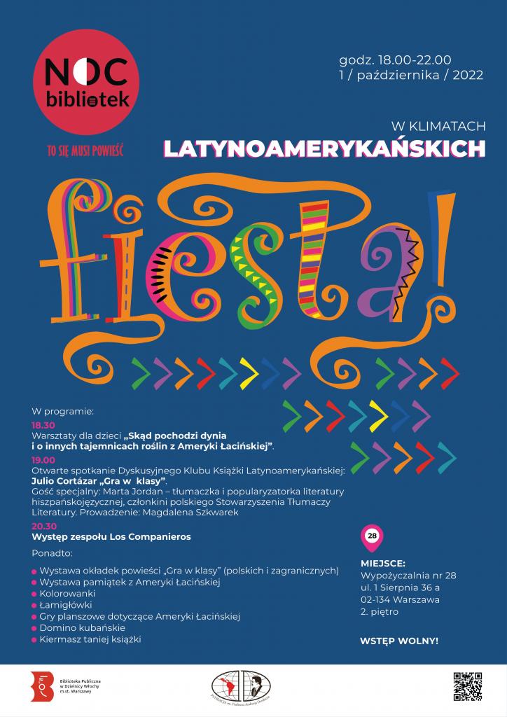 Granatowy plakat z kolorowym napisem fiesta.