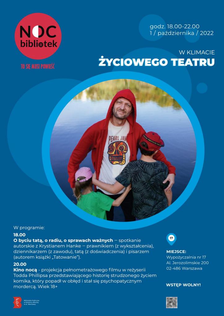 Granatowy plakat ze zdjęciem Adriana Hanke