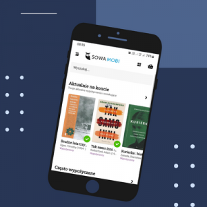 Telefon komówkowy. Na ekranie wyświetla się aplikacja biblioteczna sowa mobi.