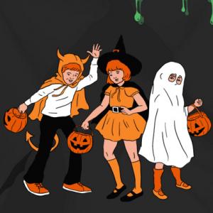 Trójka dzieci przebrana za diabełka, wróżkę i ducha, trzymają w rękach koszyki w kształcie dyń.