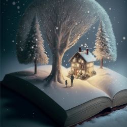 książka na śniegu, na kartkach książki domek, drzewa i dwoje ludzi