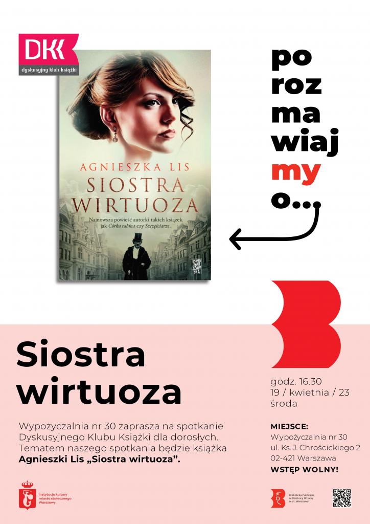 Plakat do spotkania DKK z okładką książki Agnieszki Lis „Siostra wirtuoza”