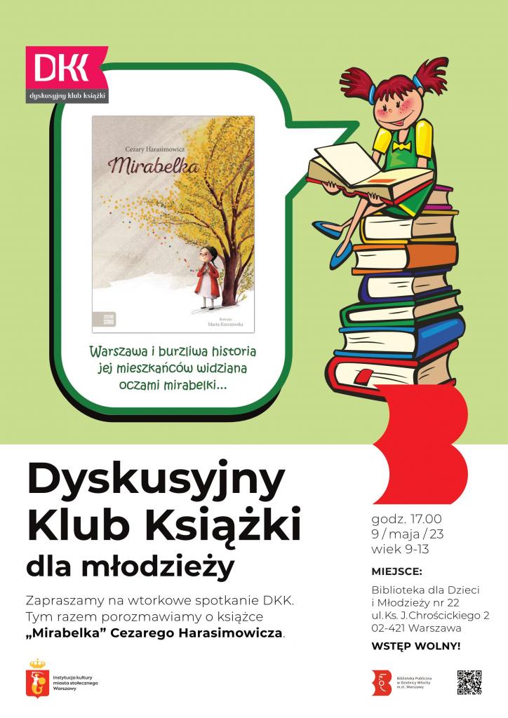 Biało-zielony plakat z okładką książki Cezarego Harasimowicza „Mirabelka”