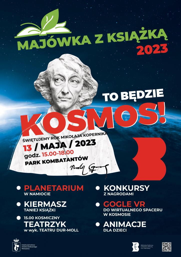 Granatowo-biało-czerwony plakat z fot. rzeźby Mikołaja Kopernika ze zb. NAC na tle kuli ziemskiej