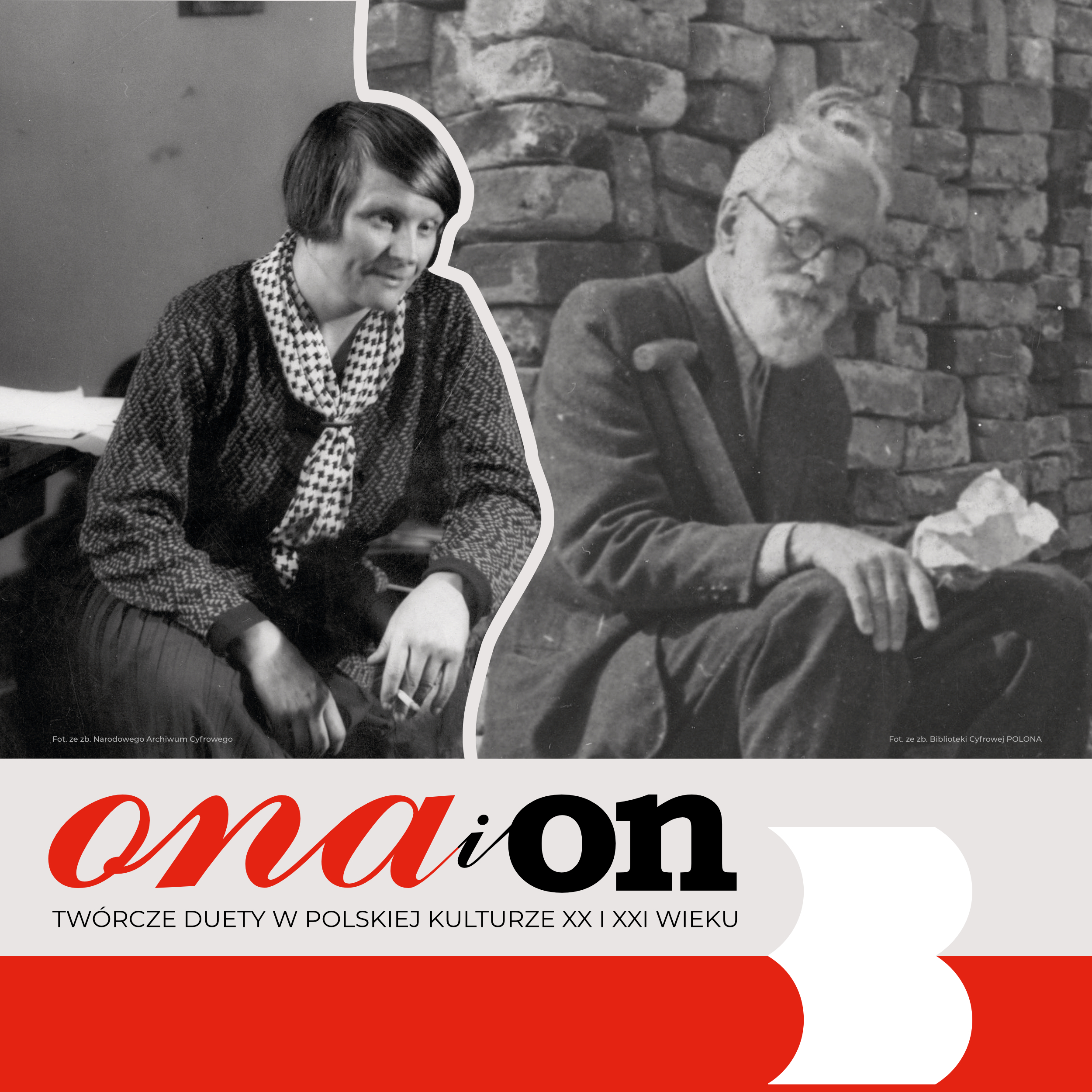 Fragment plakatu z biało-czarnymi fotografiami Marii Dąbrowskiej (ze zb. NAC) i Stanisława Stempowskiego (ze zb. POLONA)