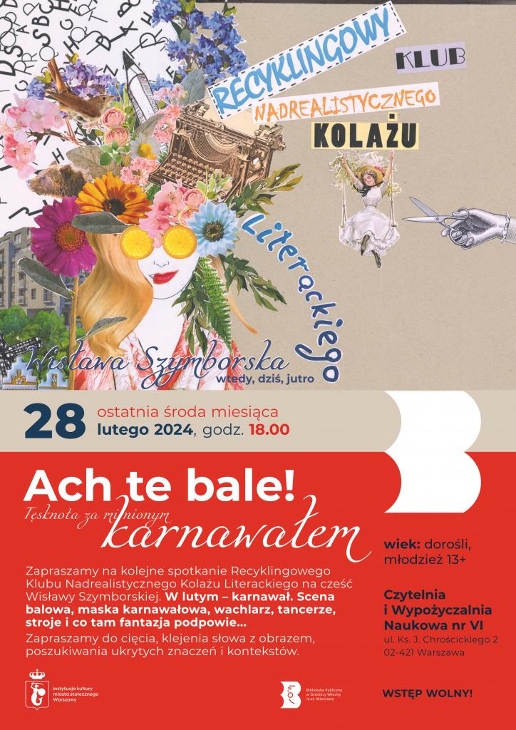 Beżowo-czerwony plakat przedstawiający kolaż z napisem Recyklingowy Klub Nadrealistycznego Kolażu Literackiego