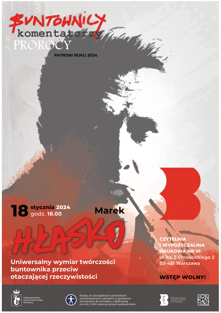 Biało-szaro-czerwony plakat z zarysem portretu Marka Hłaski