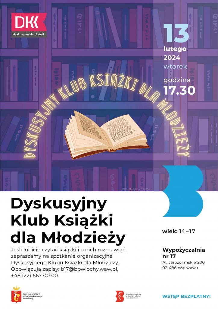 Biało-fioletowy plakat z żółtym logo DKK dla młodzieży na fioletowym tle regałów z książkami (Obraz stworzony w Canva)