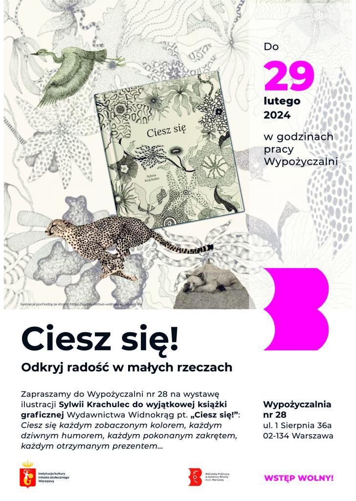 Biało-beżowy plakat z kolażem ilustracji Sylwii Krachulec z książki graficznej Wydawnictwa Widnokrąg pt. „Ciesz się!”