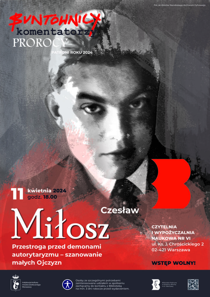 Plakat z grafiką na podstawie zdjęcia Czesława Miłosza (Ze zbiorów Narodowego Archiwum Cyfrowego)