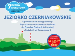 Kolorowe plamy przedstawiające wody jeziora otoczone plażami i zielonymi zaroślami oraz drzewami, a w tle dwa wysokie kominy. U góry białe i niebieskie chmury.