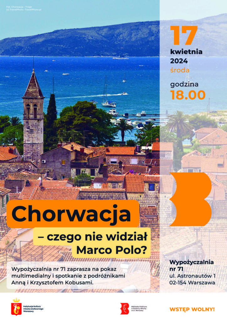 Plakat z niebiesko-pomarańczowym zdjęciem chorwackiego wybrzeża (Fot. AK Kobusowie: Chorwacja - Trogir
(c) TravelPhoto -TravelPhoto.pl)