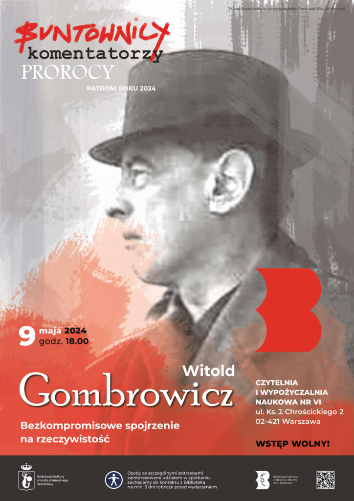 Fragment biało-czarno-czerwonego plakatu ze zdjęciem Witolda Gombrowicza w Vence by Bohdan Paczowski (Fot. Wikimedia)