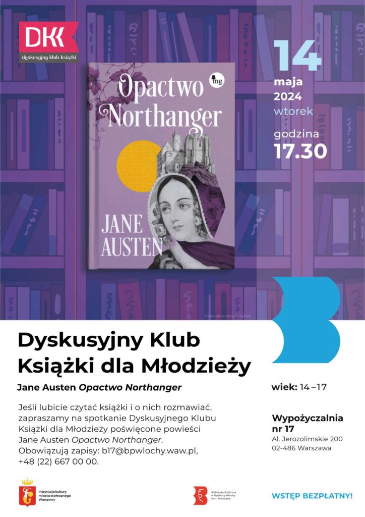 Biało-fioletowy plakat z okładką książki "Opactwo Northanger" Jane Austen