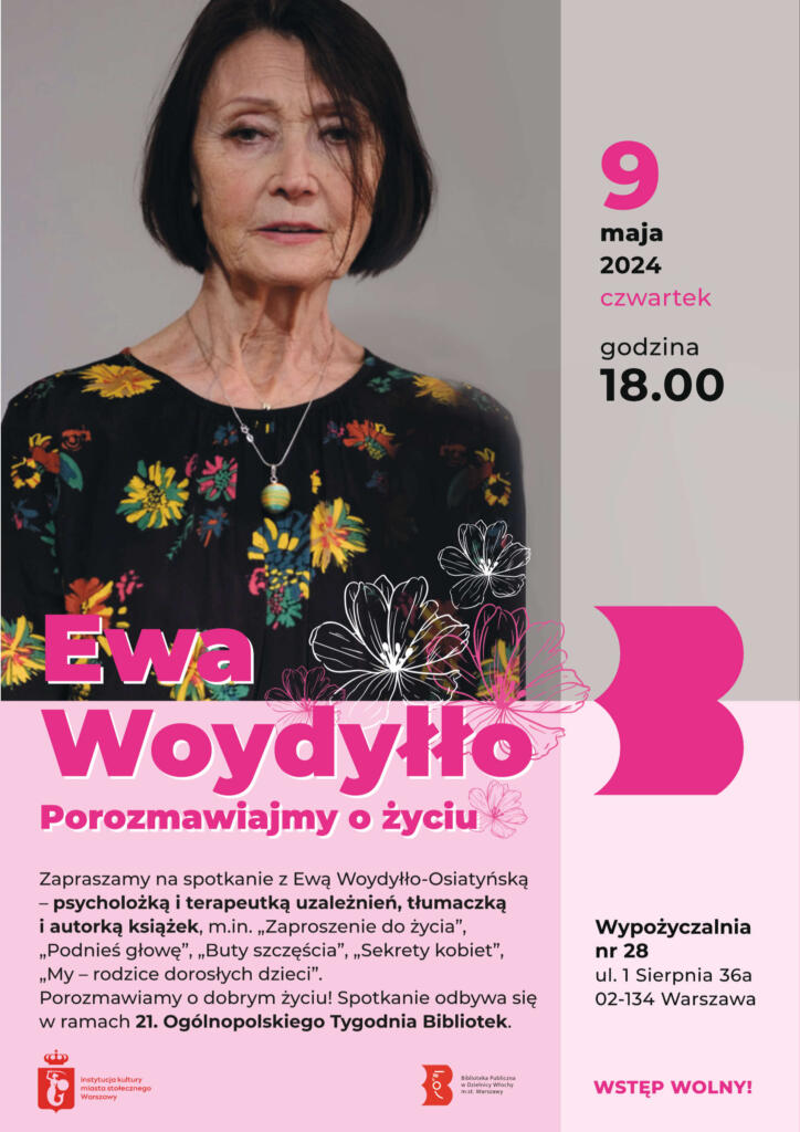 Szaro-różowy plakat ze zdjęciem Ewy Woydyłło ((fot. z archiwum prywatnego autorki)