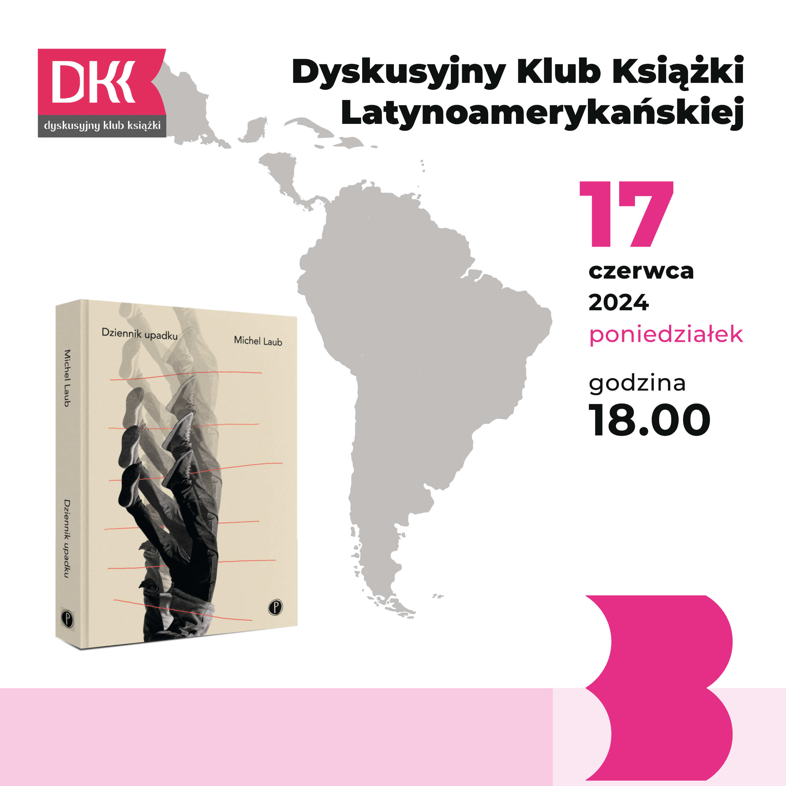 Biało-różowy fragment plakatu z okładką książki Michela Lauba "Dziennik upadku" (Wyd. Pauza, 2020)