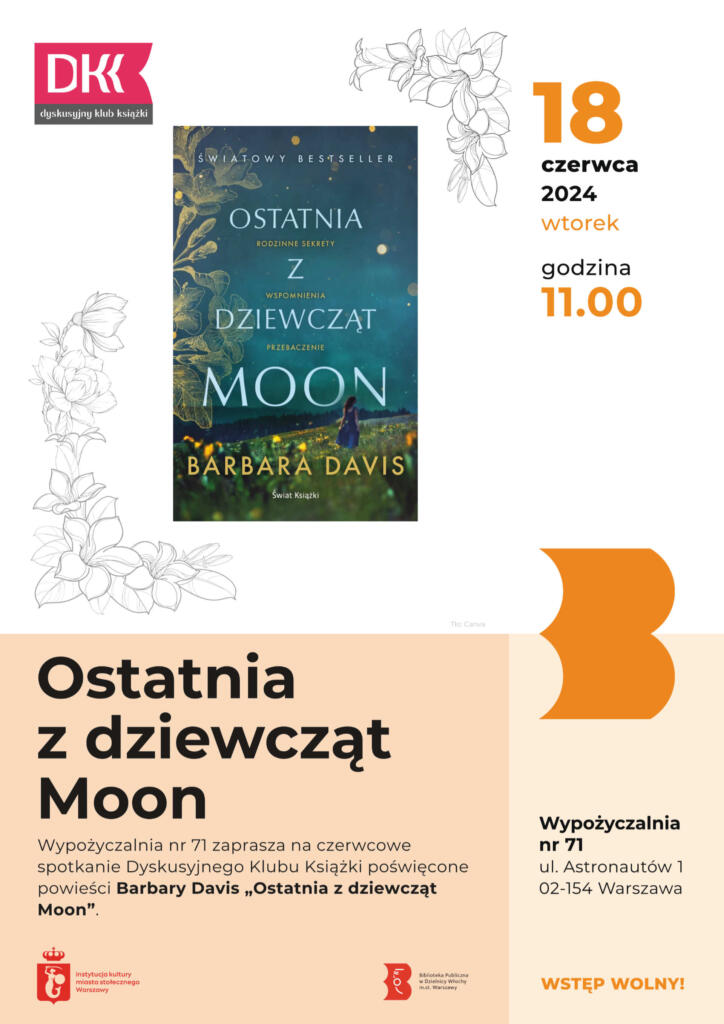 Biało-pomarańczowy plakat z okładką książki Barbary Davis „Ostatnia z dziewcząt Moon”.