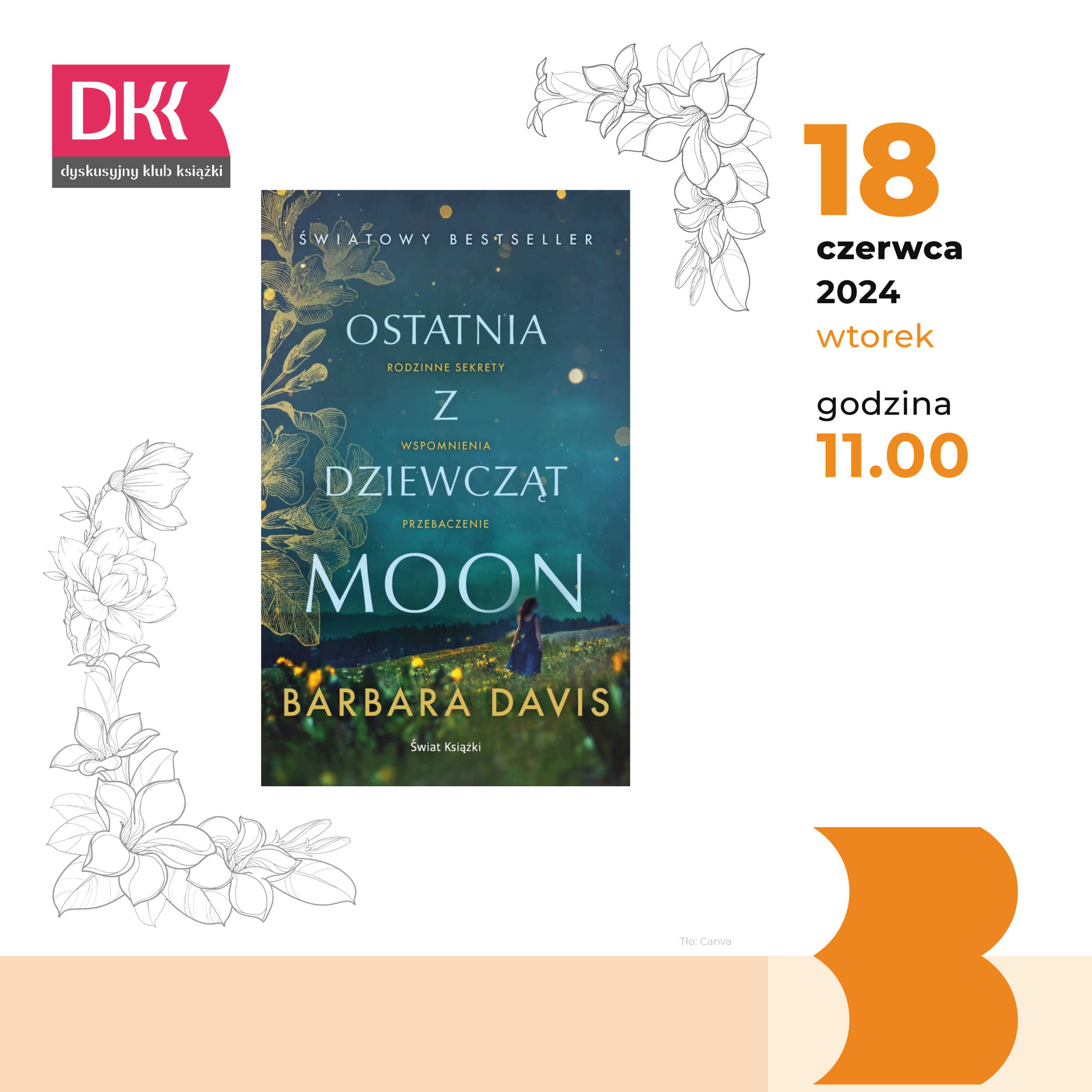 Biało-pomarańczowy fragment plakatu z okładką książki Barbary Davis „Ostatnia z dziewcząt Moon”.