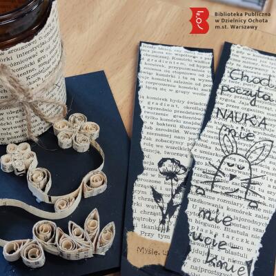 Zakładki, kartka i słoiczek zdobione starymi kartkami.