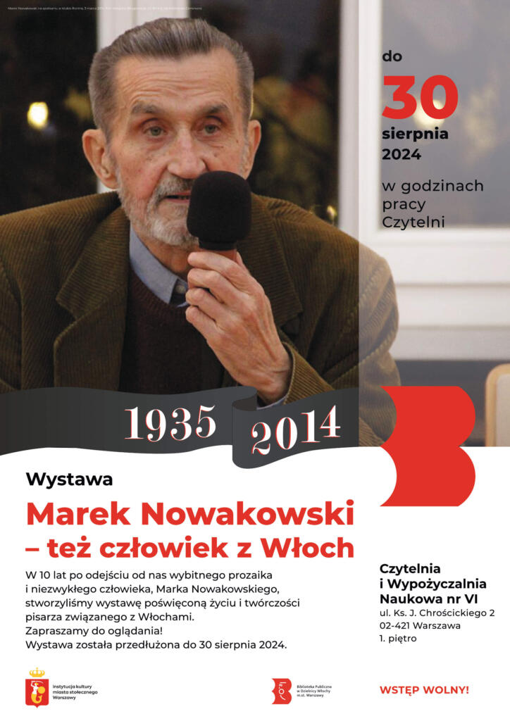 Plakat ze zdjęciem śp. Marka Nowakowskiego (Marek Nowakowski na spotkaniu w klubie Ronina, 3 marca 2014. Fot.: Margotte.Blogpress.pl, CC BY 4.0, via Wikimedia Commons)