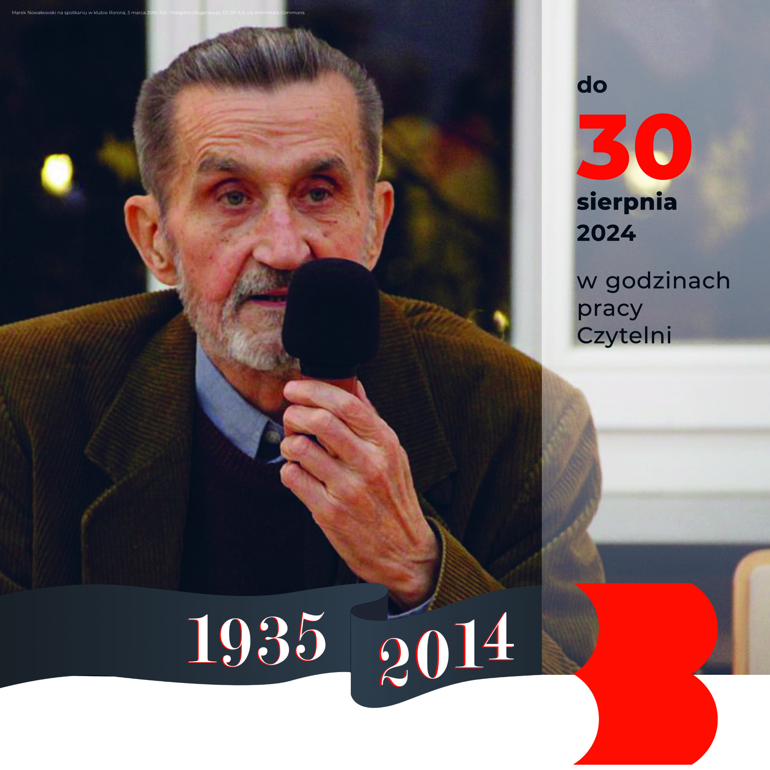 Grafika ze zdjęciem śp. Marka Nowakowskiego (Marek Nowakowski na spotkaniu w klubie Ronina, 3 marca 2014. Fot.: Margotte.Blogpress.pl, CC BY 4.0, via Wikimedia Commons)