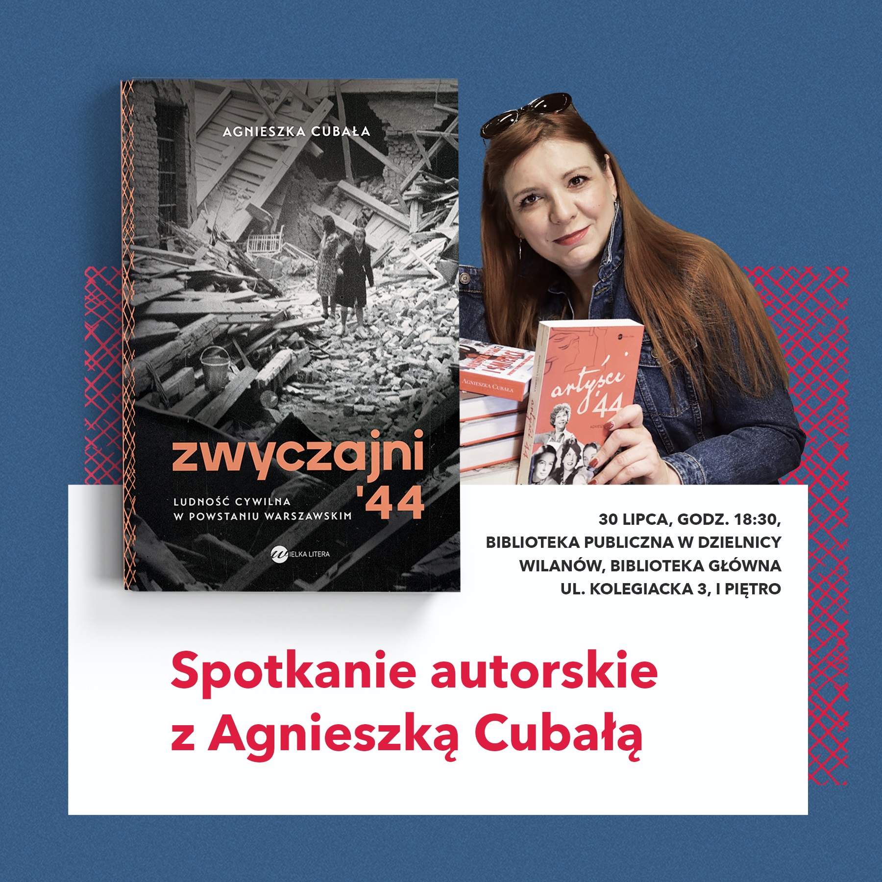 zdjęcie Agnieszki Cubały, okładka książki, informacja o wydarzeniu, logotypy