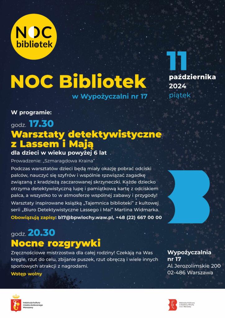 Ciemnogranatowy plakat z informacją nt. propozycji na Noc Bibliotek 2024 w W17