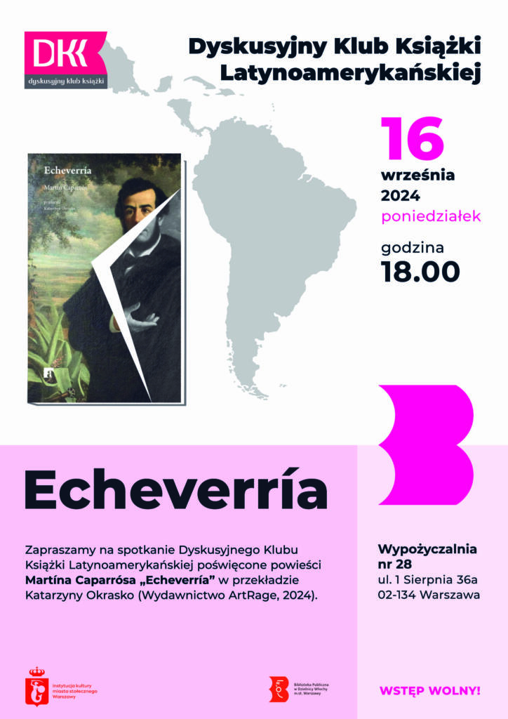 Biało-purpurowy plakat z okładką książki Martína Caparrósa „Echeverría”