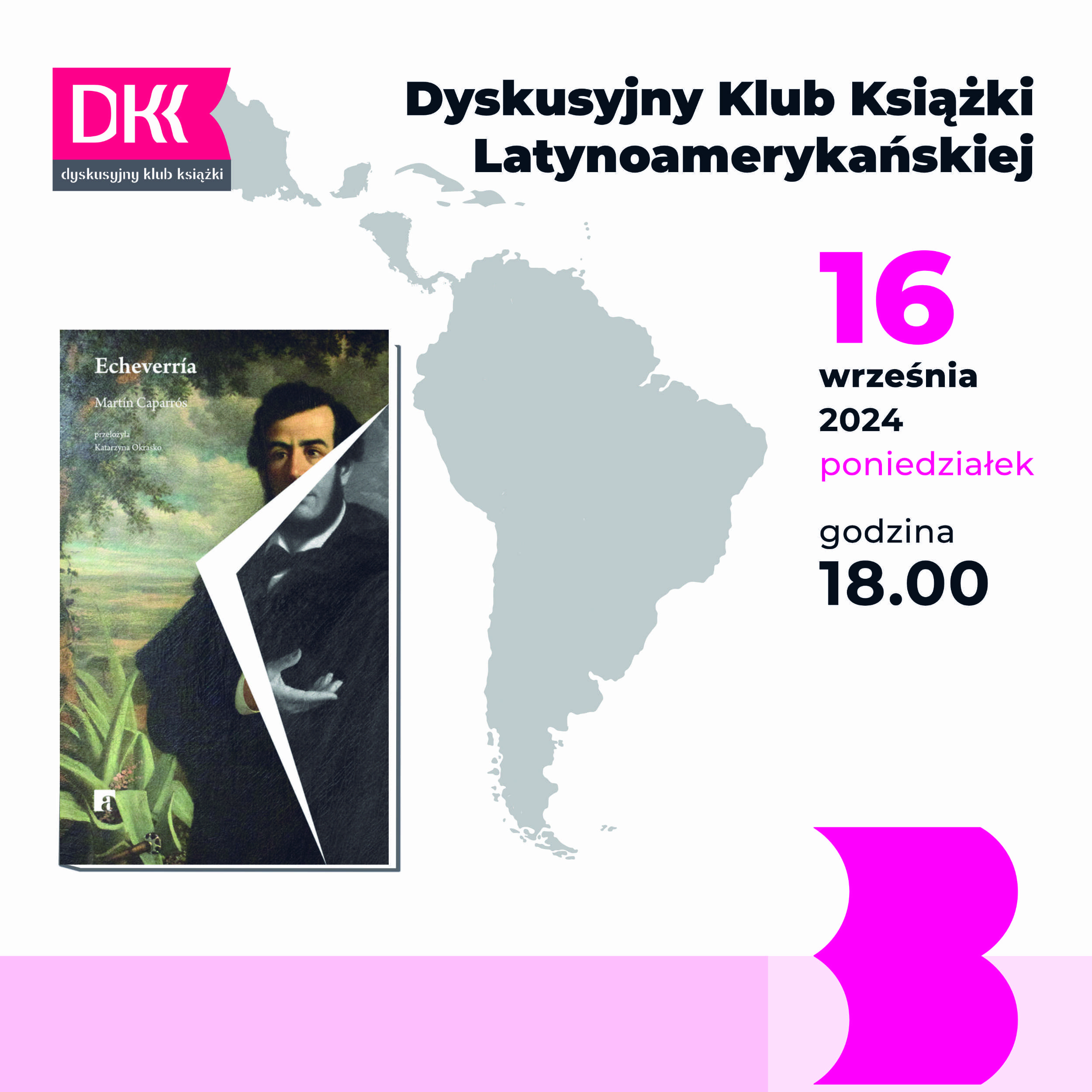 Biało-purpurowy fragment plakatu z okładką książki Martína Caparrósa „Echeverría”