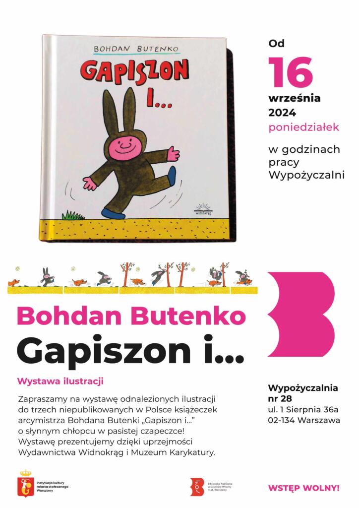 Biało-różowy plakat z okładką książki "Gapiszon i..." Bohdana Btenki