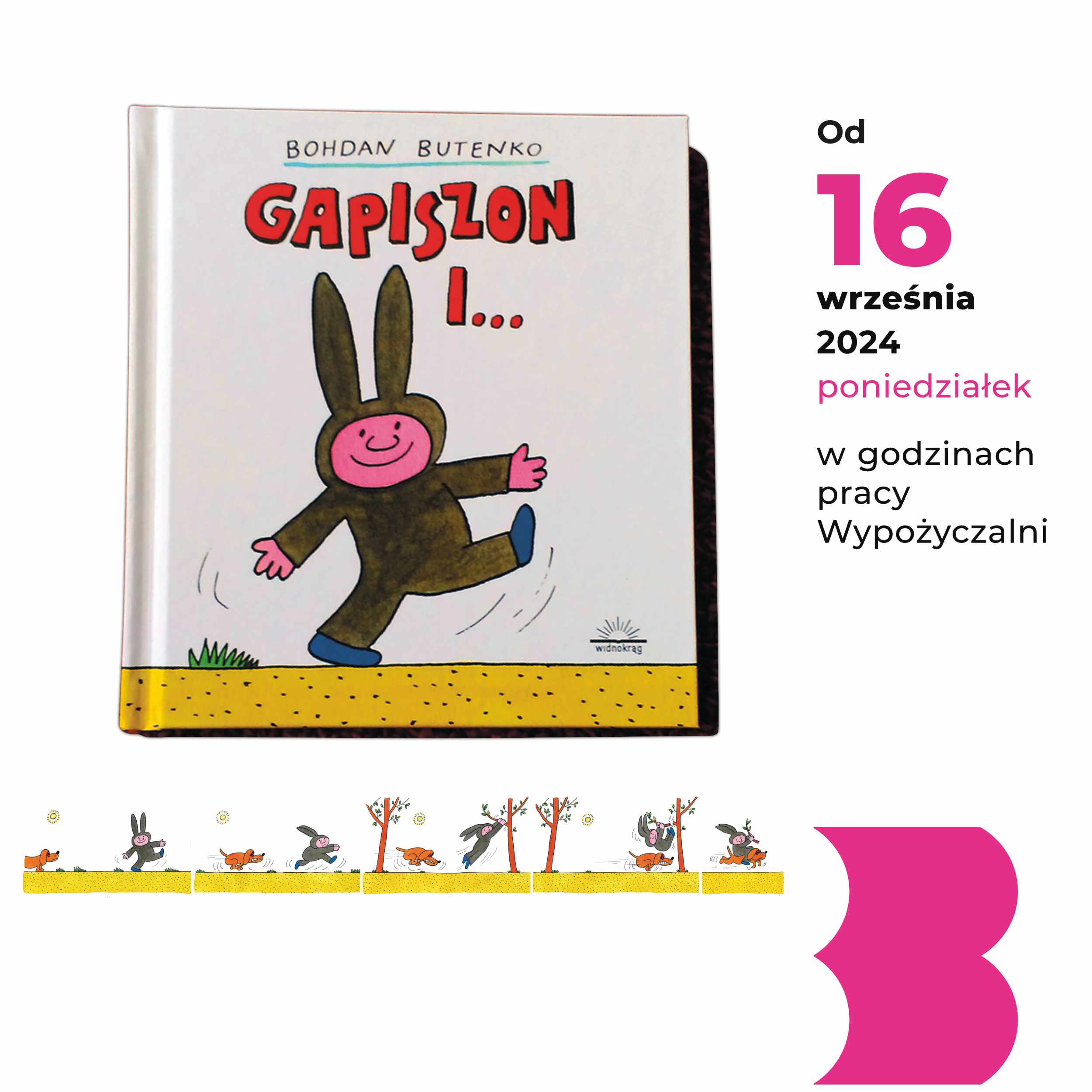 Biało-różowy fragment plakatu z okładką książki "Gapiszon i..." Bohdana Btenki