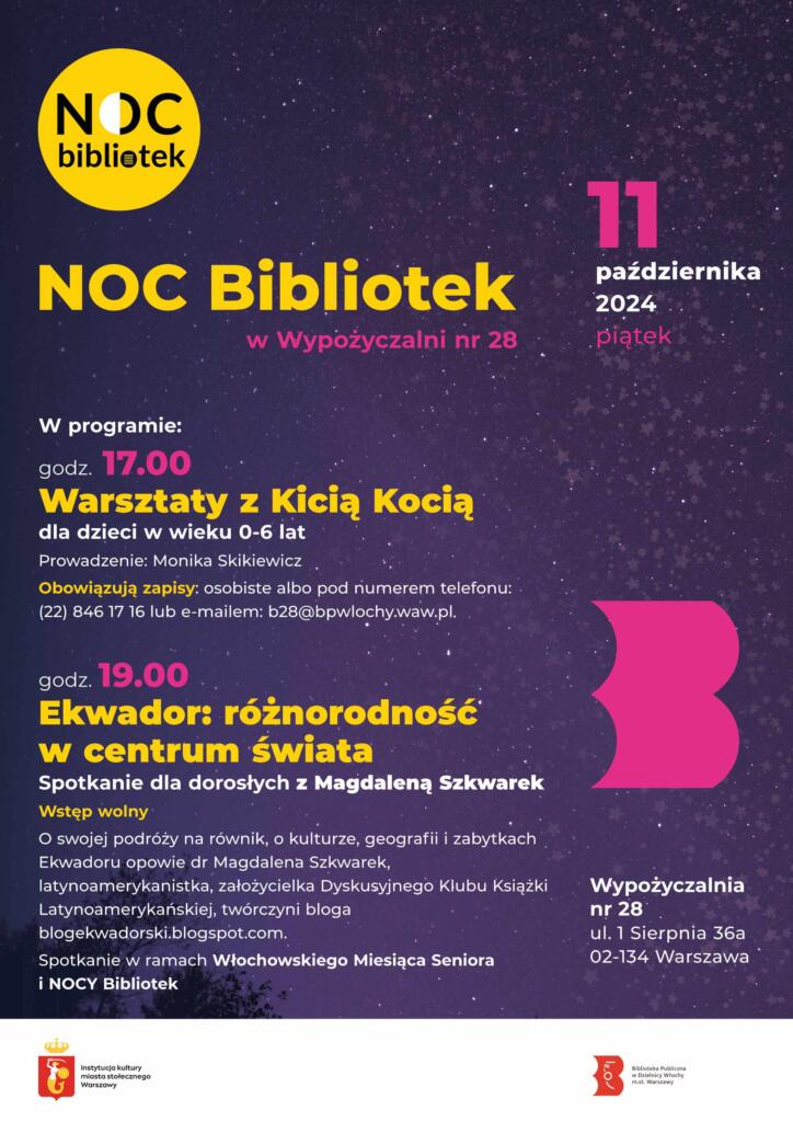 Ciemnofioletowy plakat z informacją nt. propozycji na Noc Bibliotek 2024 w W28