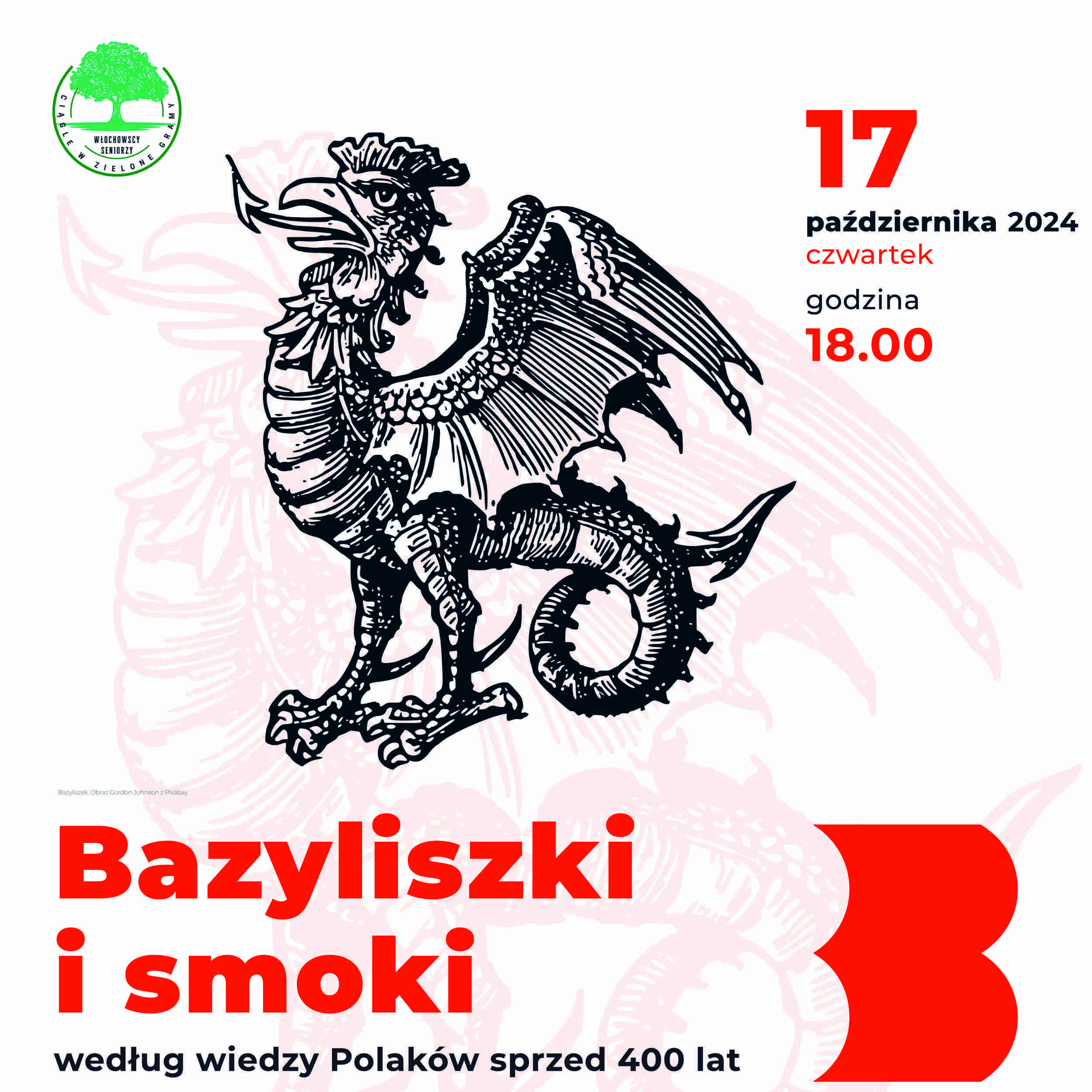 Fragment plakatu z przedstawieniem bazyliszka (Bazyliszek. Obraz Gordon Johnson z Pixabay)