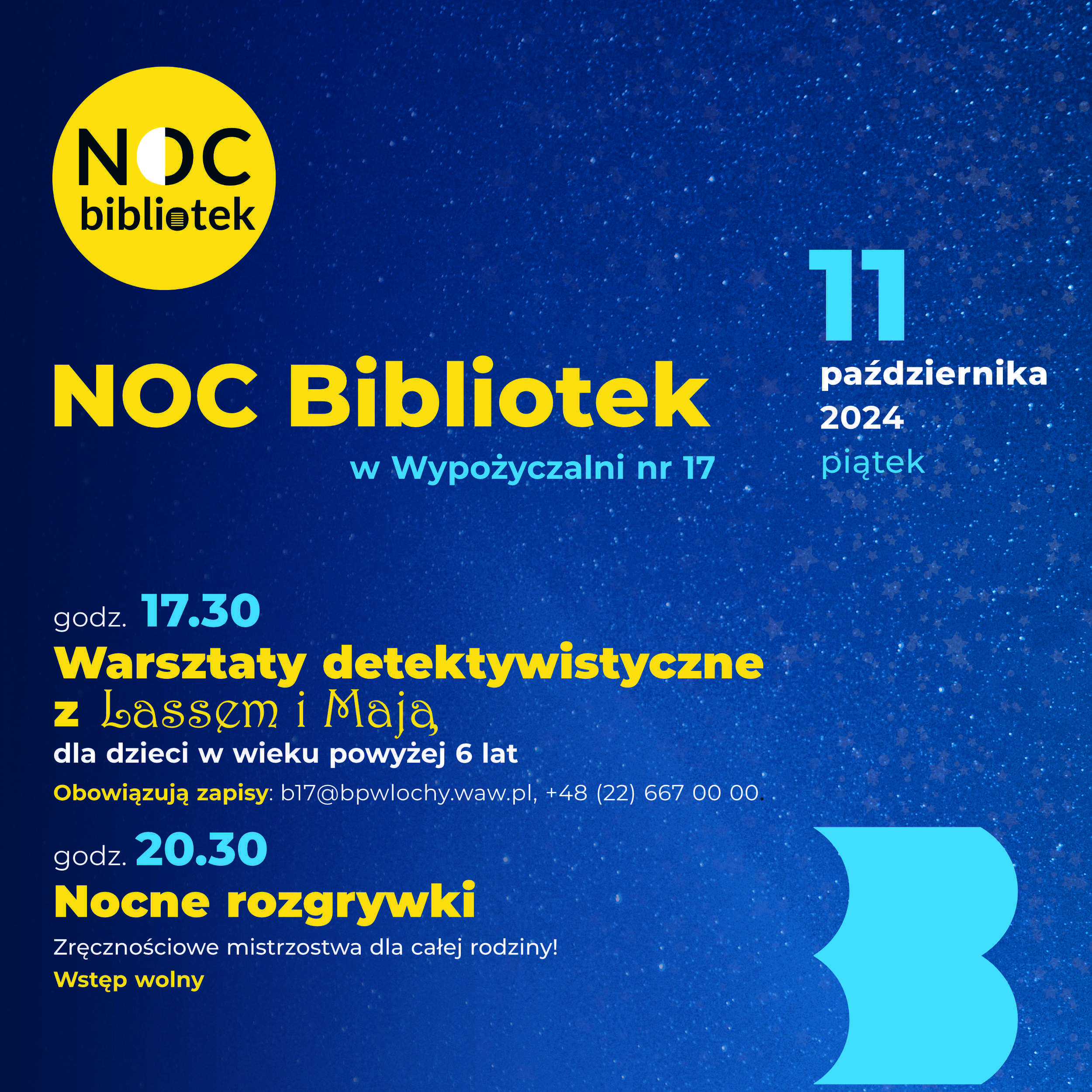 Fragment ciemnogranatowego plakatu z informacją nt. propozycji na Noc Bibliotek 2024 w W17