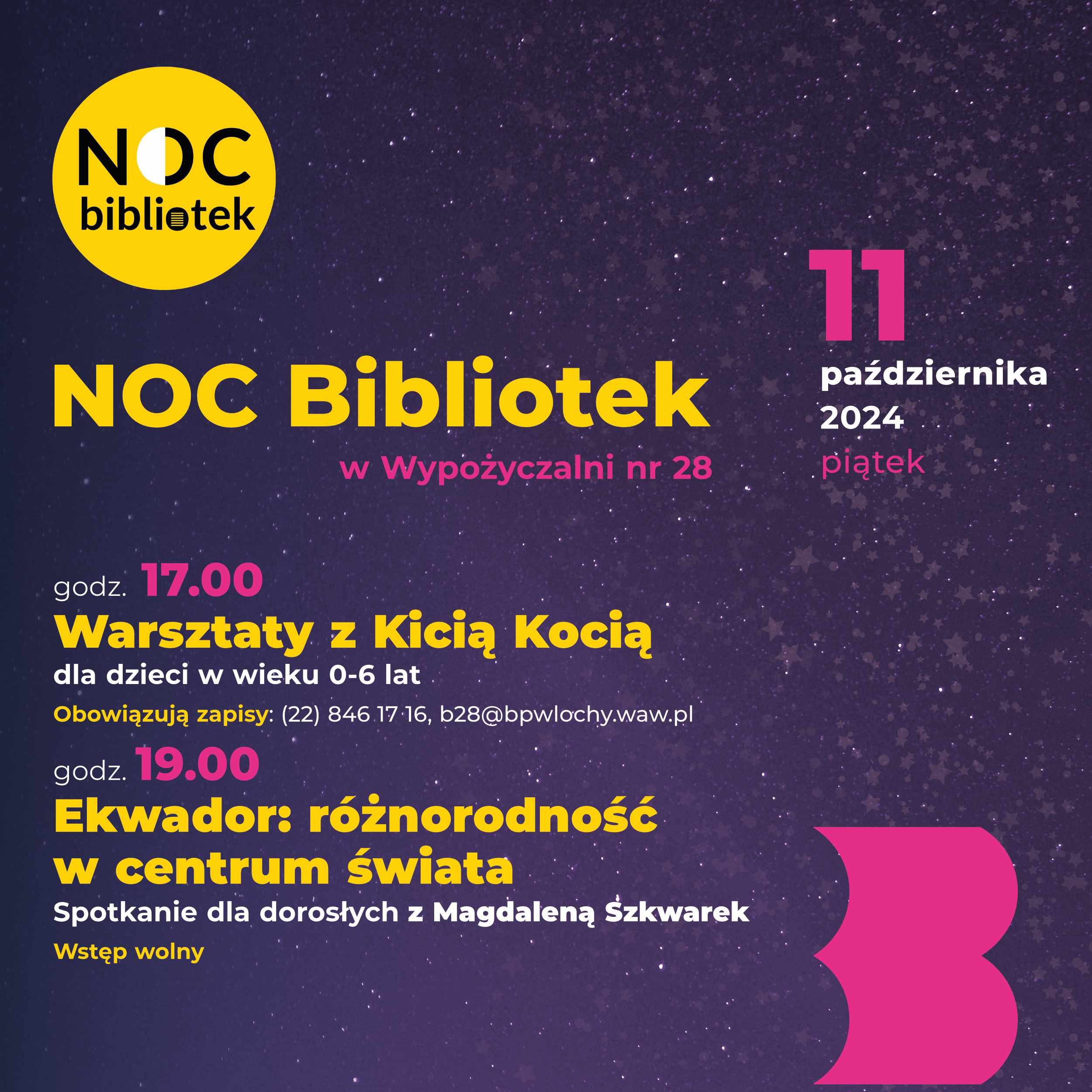 Fragment ciemnofioletowego plakatu z informacją nt. propozycji na Noc Bibliotek 2024 w W28