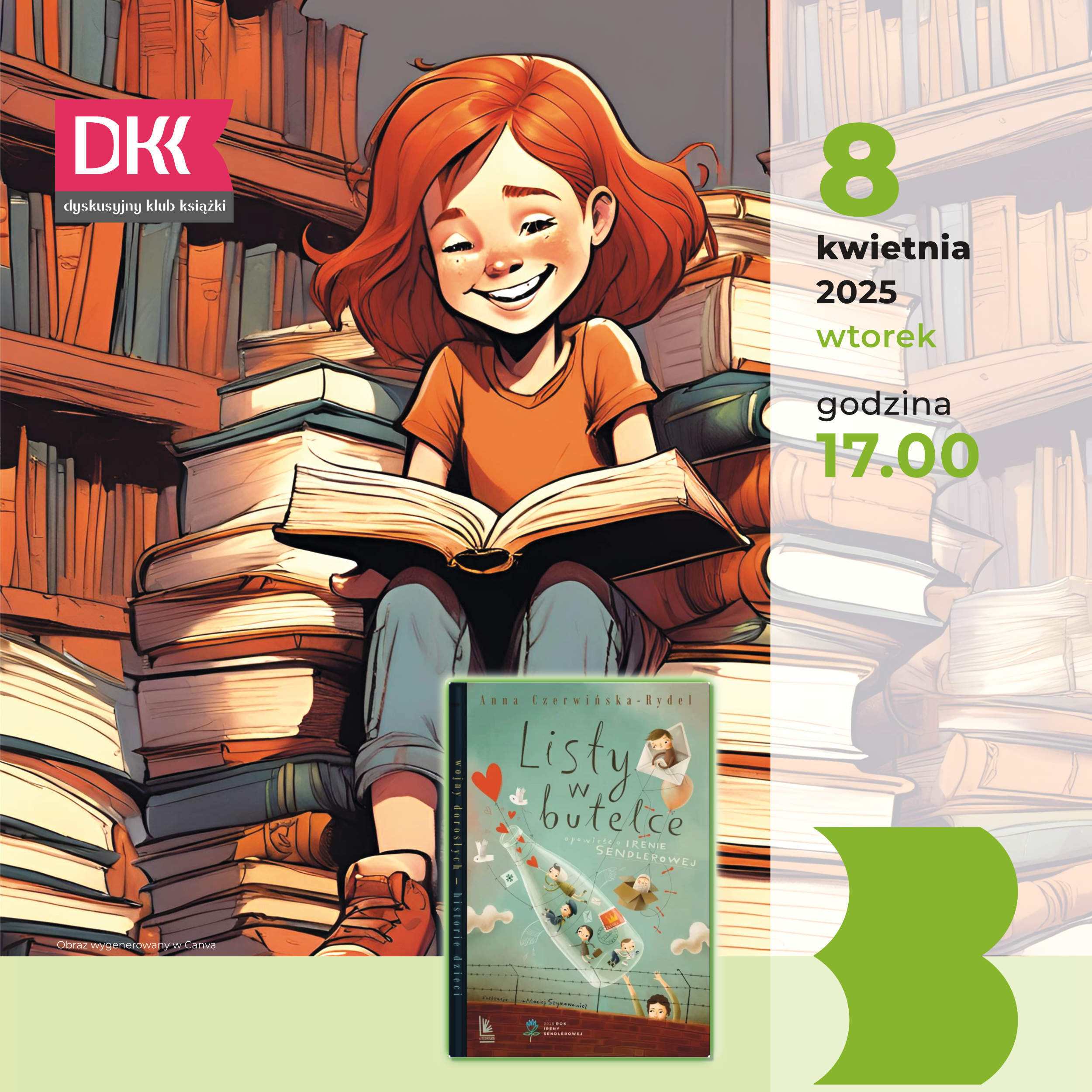 Fragment plakatu z okładką książki „Listy w butelce. Opowieść o Irenie Sendlerowej” Anny Czerwińskiej-Rydel