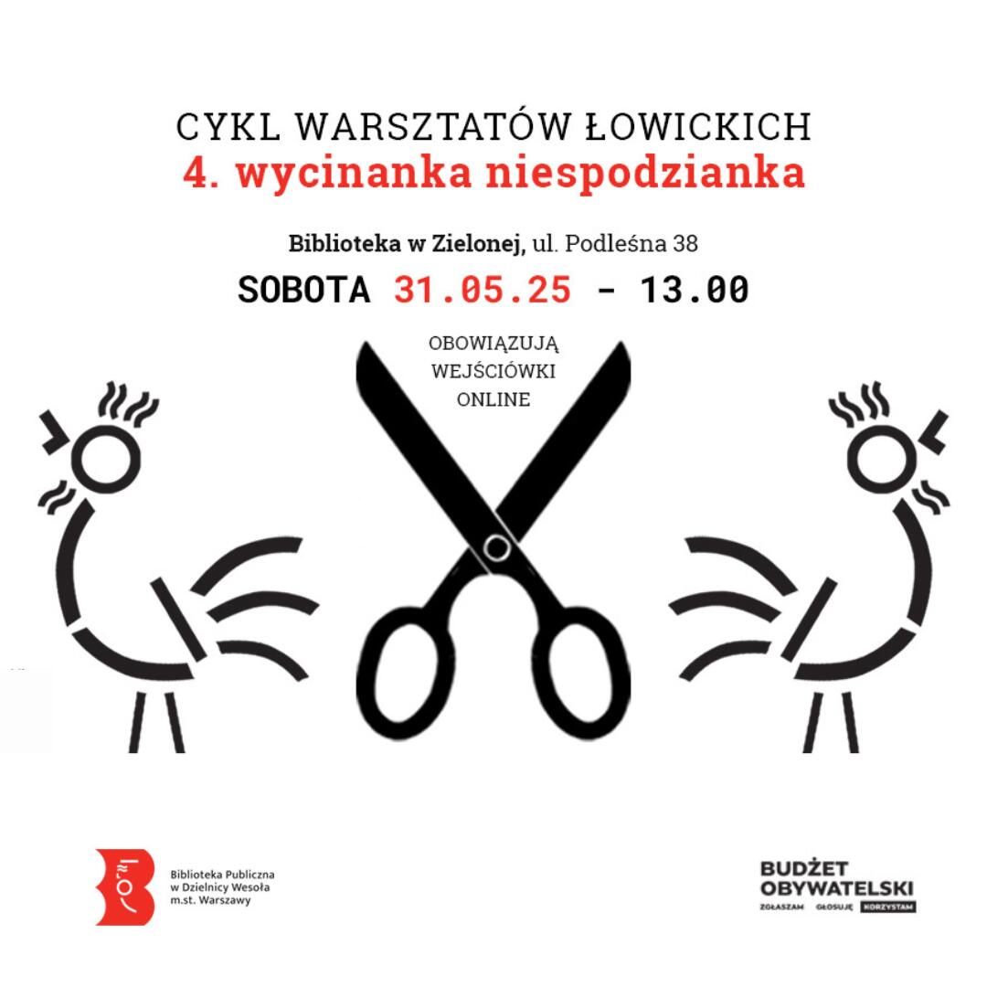 zaproszenie na warsztaty, grafika z kogutami i nożyczkami.