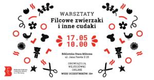 Plakat promujący warsztaty z mozaiką składająca się z czerwono-białych nożyczek, misiów, gwiazdek, ptaków i roślin.