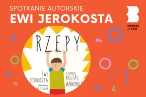 Narysowany chłopiec w zielonej koszuli i czerwonych spodenkach podnosi ręce do góry.