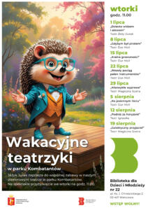 Plakat wakacyjnych teatrzyków z ilustracją jeża
