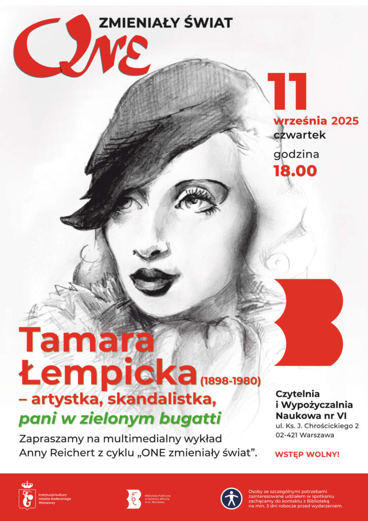 Plakat z rysunkiem w stylu Tamary Łempickiej