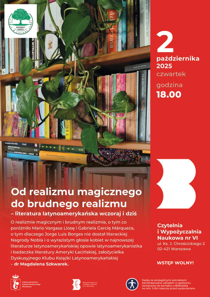 Czerwona grafika ze zdjęciem biblioteczki latynoamerykańskiej